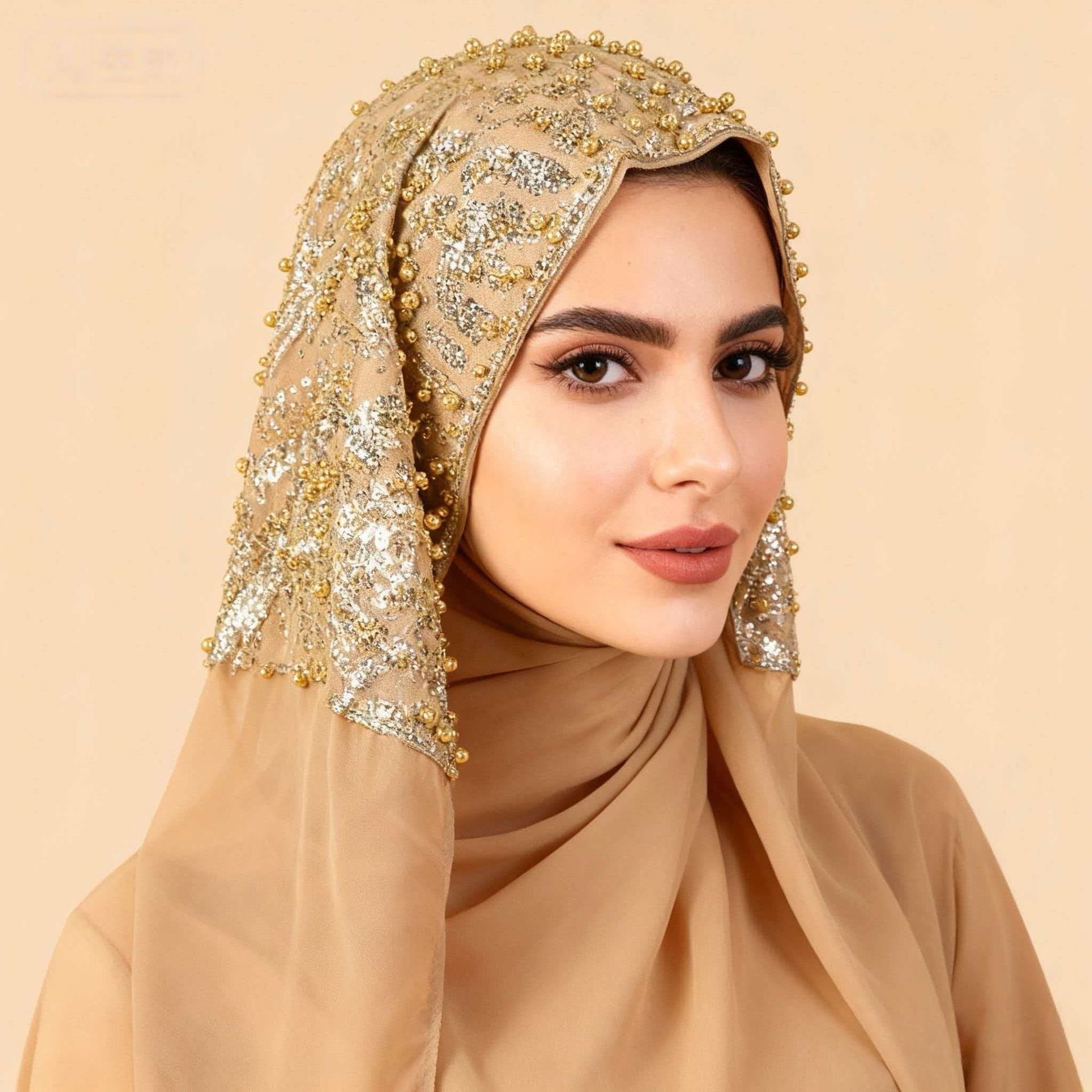 White Pearl Beaded Chiffon Hijab Scarf for Women Long Shawl
