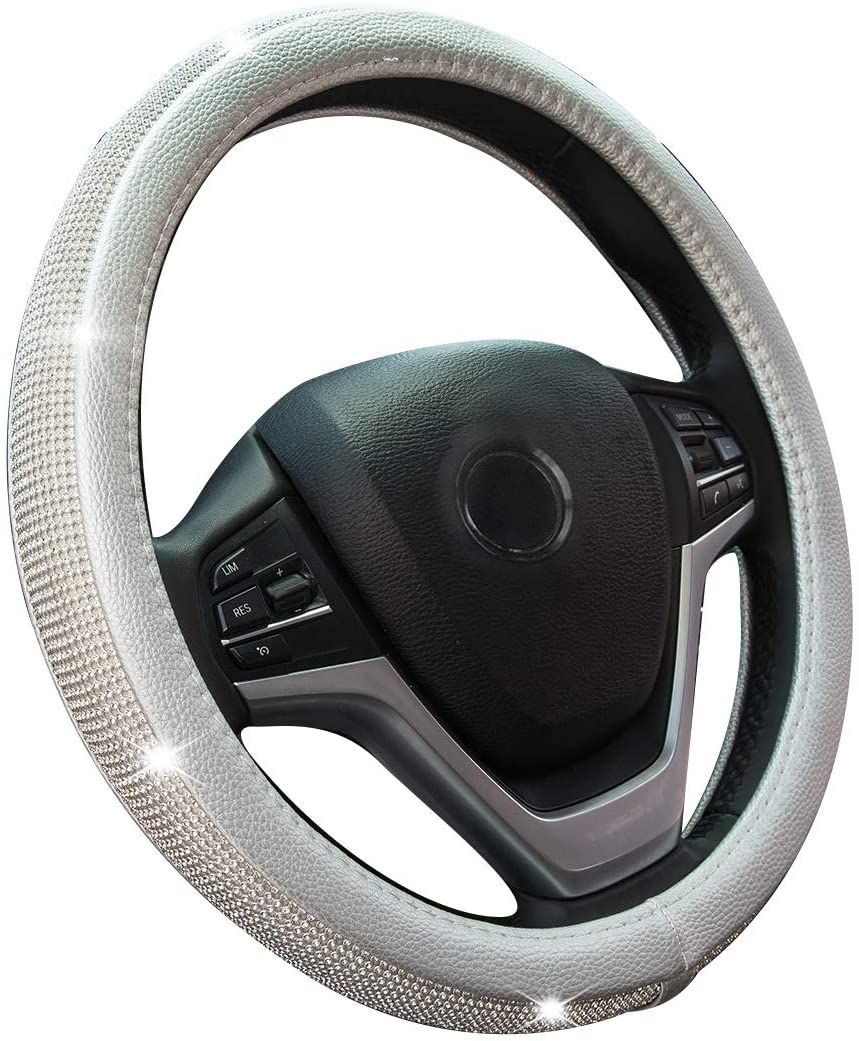 PU Leather Steering Wheel Cover Protector with Bling Crystal Rhinestones for 15 Inch