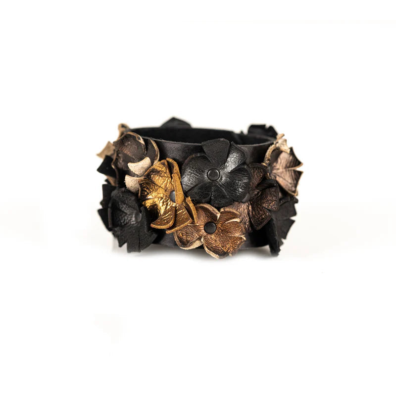 The Dark Black & Bronze Leather Floral Statement Cuff