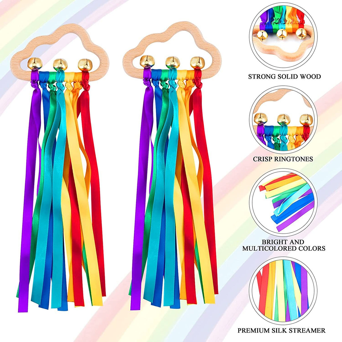 2pcs Rainbow Ribbon Rattle Ring Toys Molar Wooden Circle Baby Teether Sensory Toy Gifts
