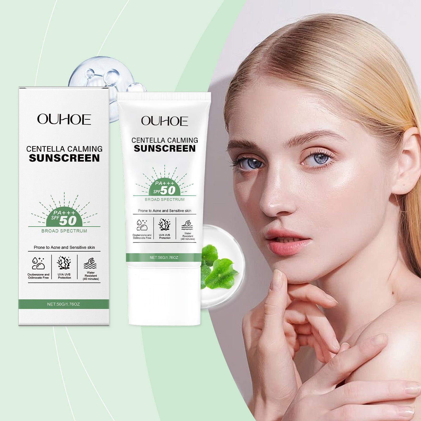 Centella Asiatica Facial Cream, SPF 50, Broad Spectrum, Gentle, Moisturizing, Summer Skin Protection ,50g