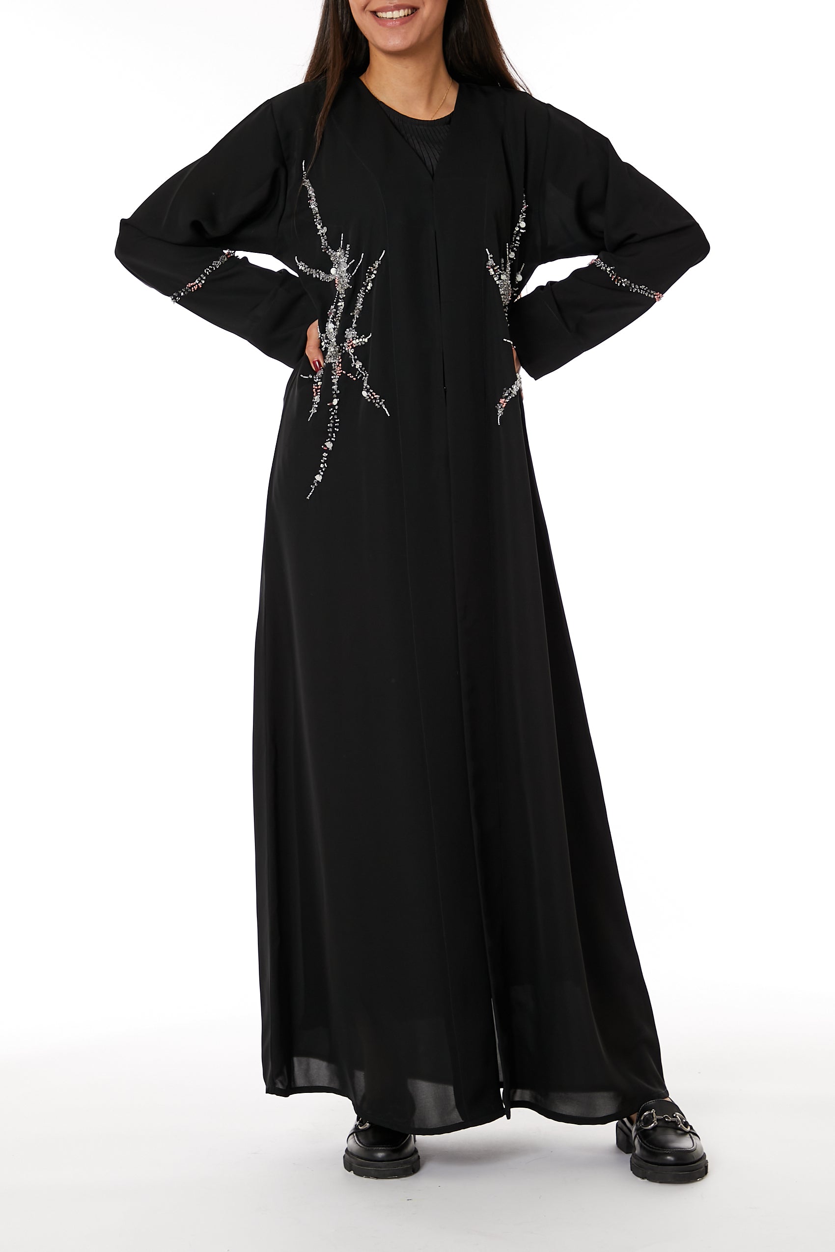 MOiSTREET Black Nida Embroidered V-Neck Open Abaya