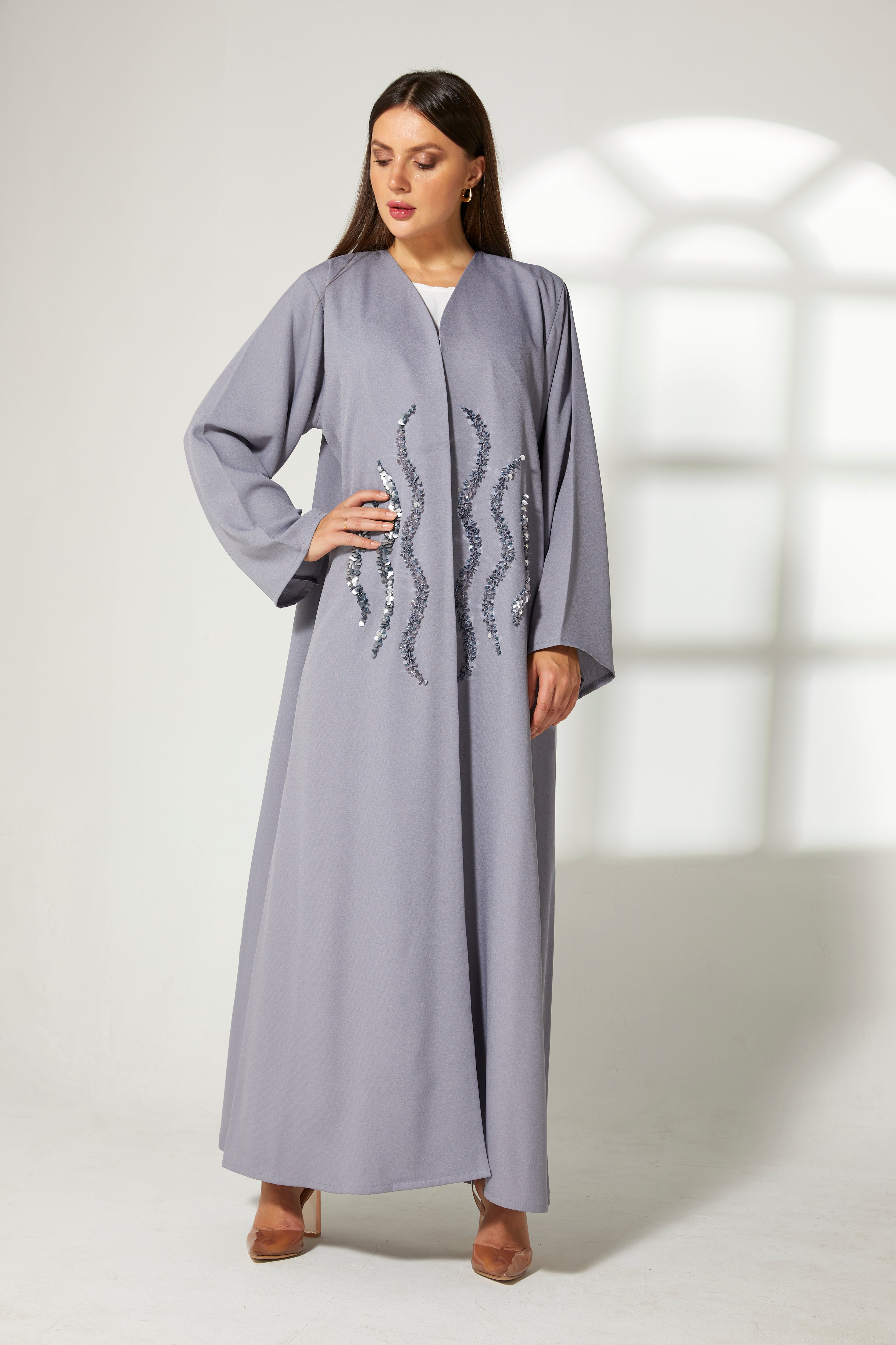 MOiSTREET Grey Korean Crepe Embroidery Abaya