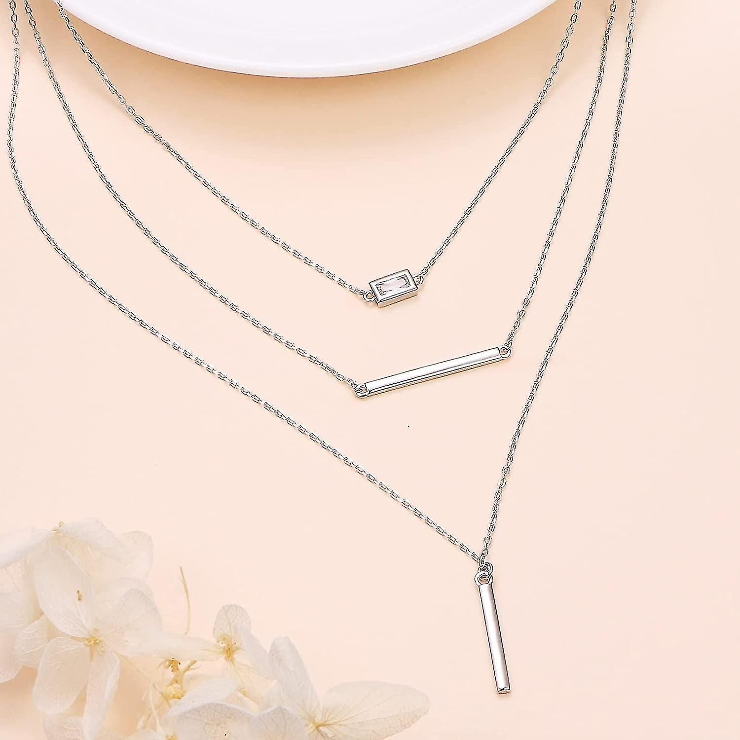 S925 Sterling Silver Multilayer Layered Triple Long Chain Pendant Necklace For Women
