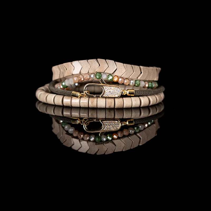 The Dark Pavé Lock Multi-Layer Beaded Bracelet Stack Sand & Olive