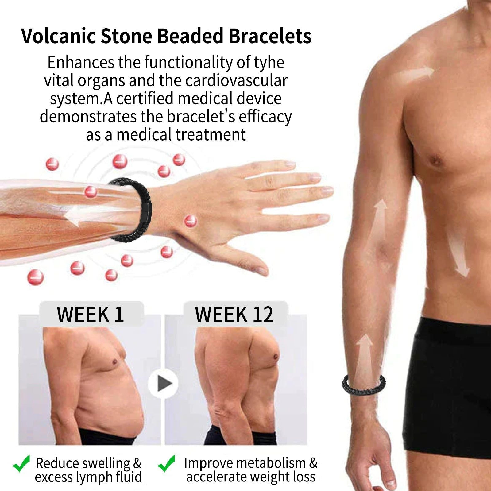 Boost Metabolism with Volcanic Stone Beaded Bracelets, Fitness, Gym, Men's Fashion ,1pcs
