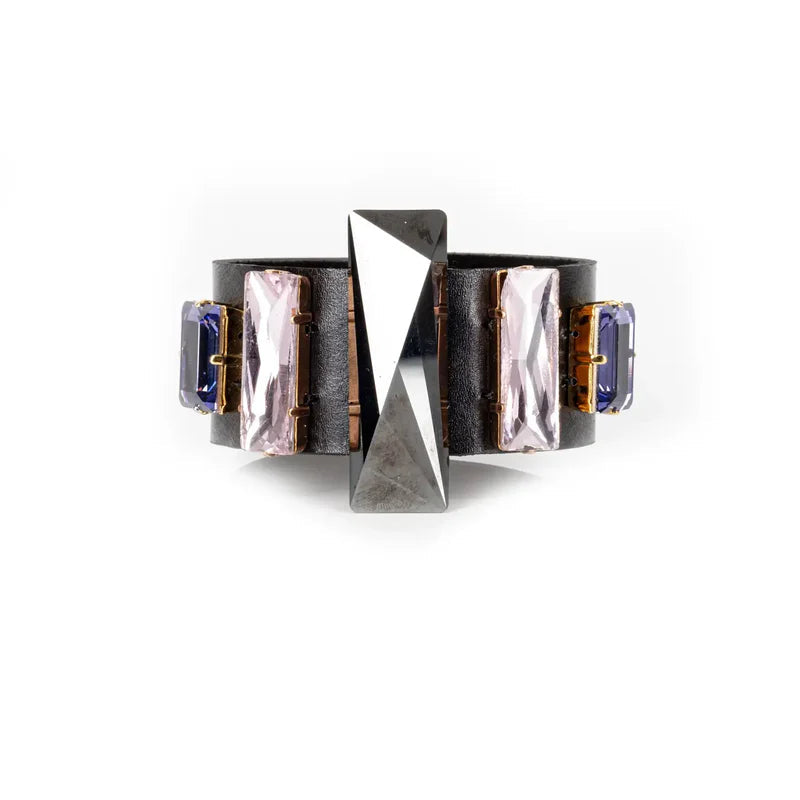 The Dark Black Leather Cuff with Blush & Sapphire Crystals