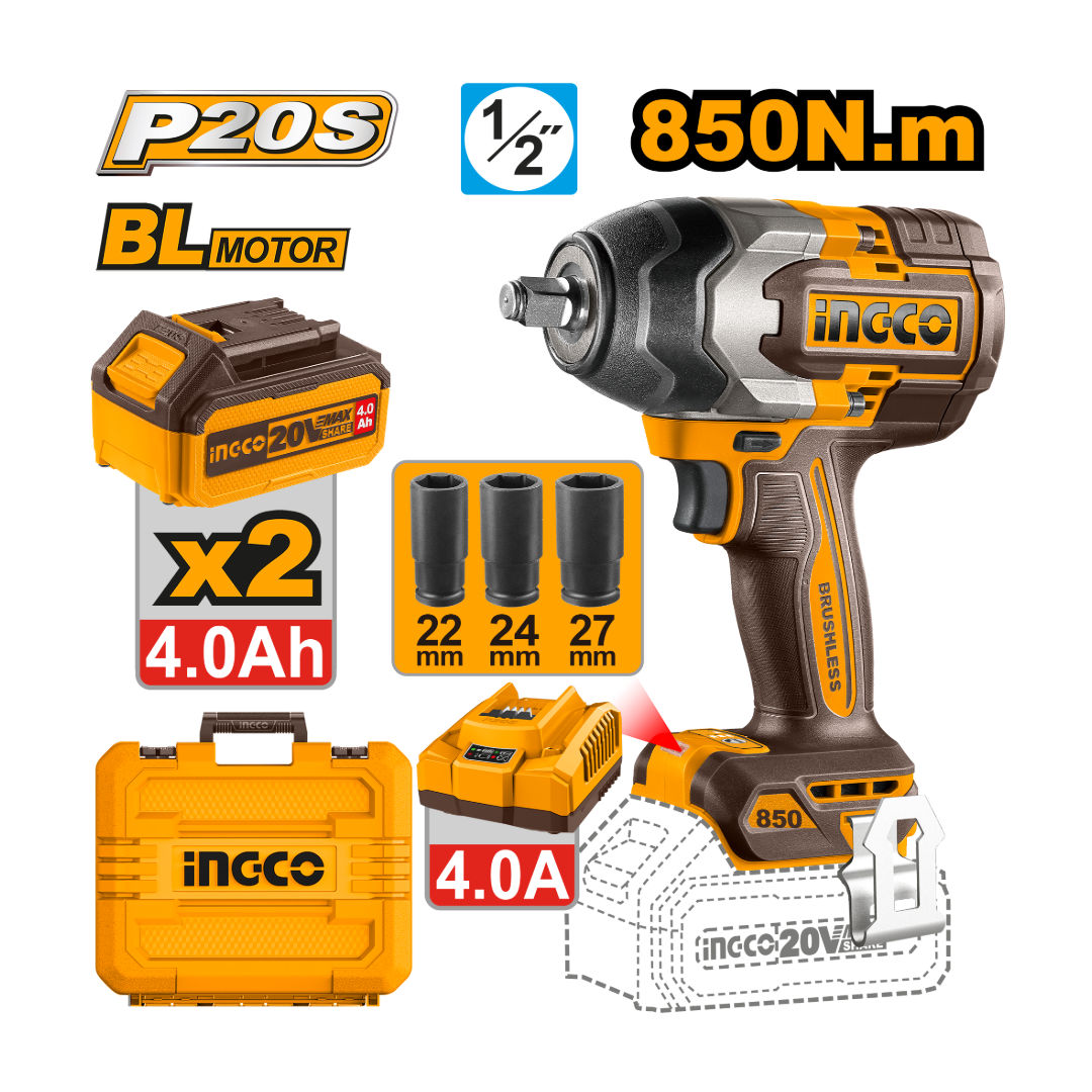 INGCO 20V Brushless Cordless Impact Wrench Kit, 1/2″ Drive, 850 Nm, 2×4.0Ah Batteries, Deep Sockets & Case