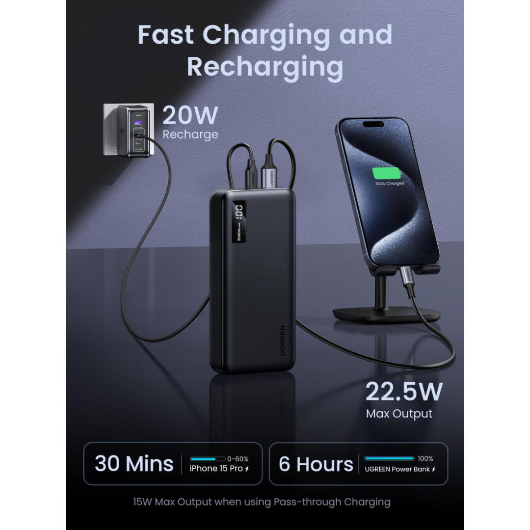 شاحن محمول UGREEN PB312 بسعة 20000 مللي أمبير في الساعة وبقدرة شحن سريع تبلغ 20 واط، مزود بمنفذ USB-C ومنفذين USB-A
