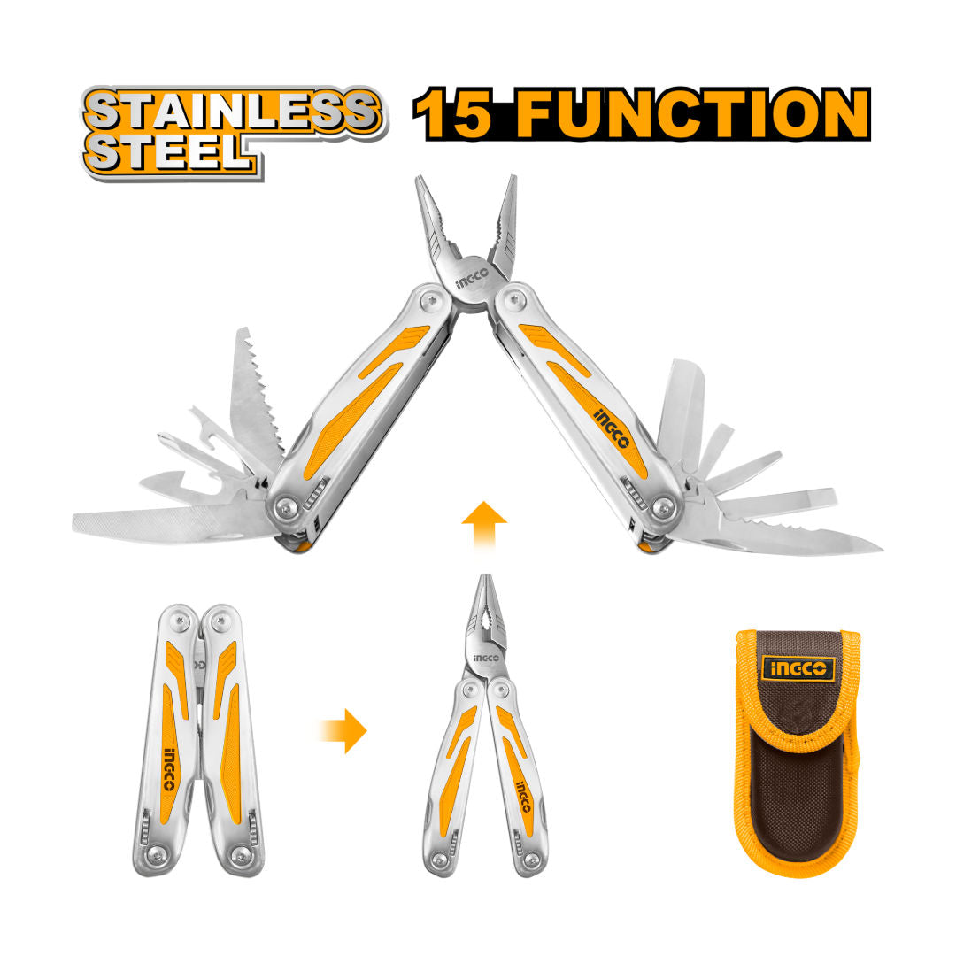 INGCO Foldable Multi-Function Tool, 15-in-1, Stainless Steel, Rubber Grip, 155 mm