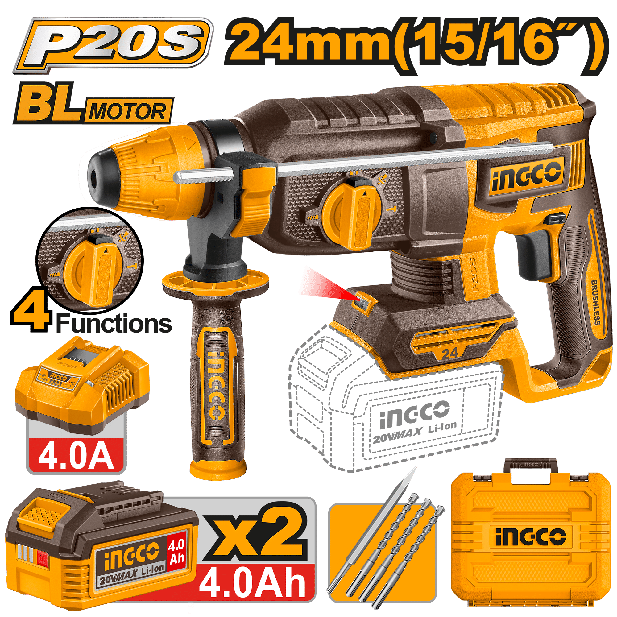 INGCO Cordless Rotary Hammer Drill 24mm SDS Plus 20V