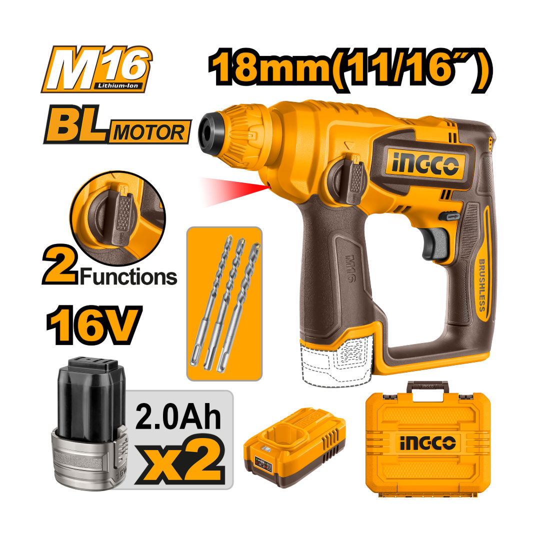 INGCO 16V Cordless Rotary Hammer Kit, SDS-Plus, 1.8J Impact, Ø18 mm Concrete Drilling, 2×2.0Ah Batteries & Charger