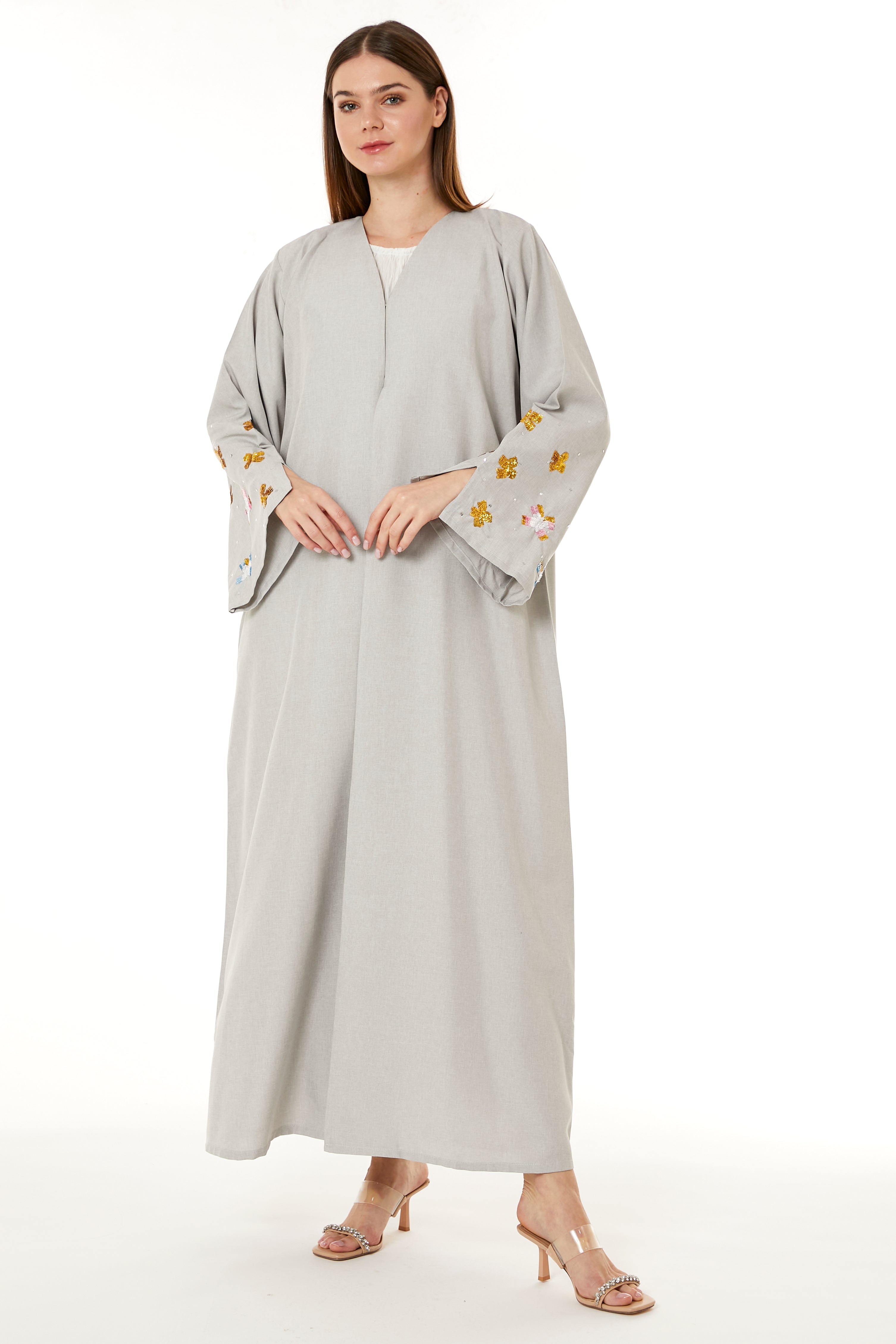 MOiSTREET Beige Melange Embroidered Abaya