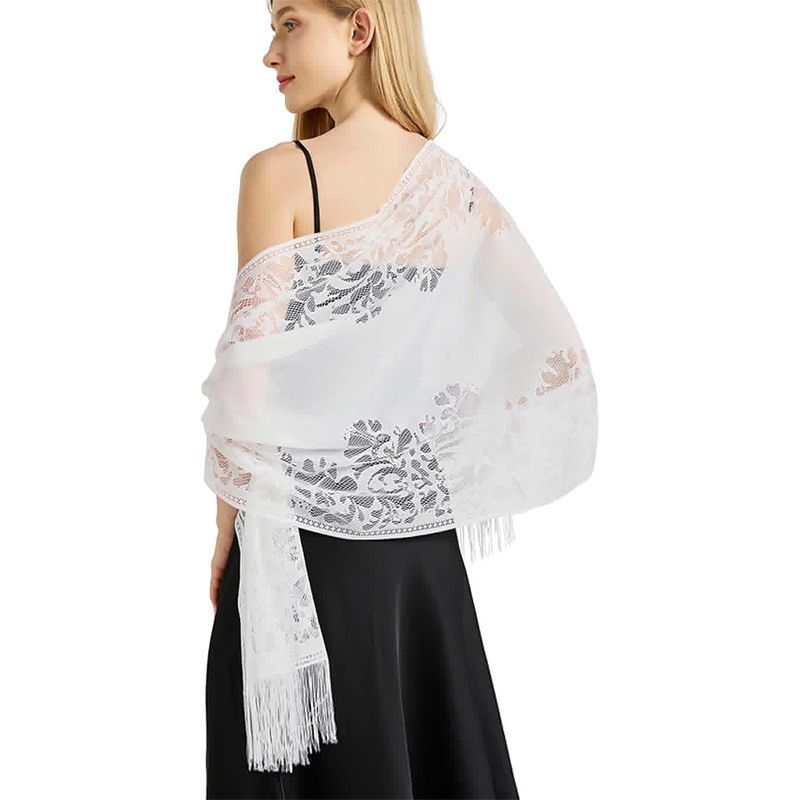 White Lace Fringe Shawl Wrap for Women Wedding Evening