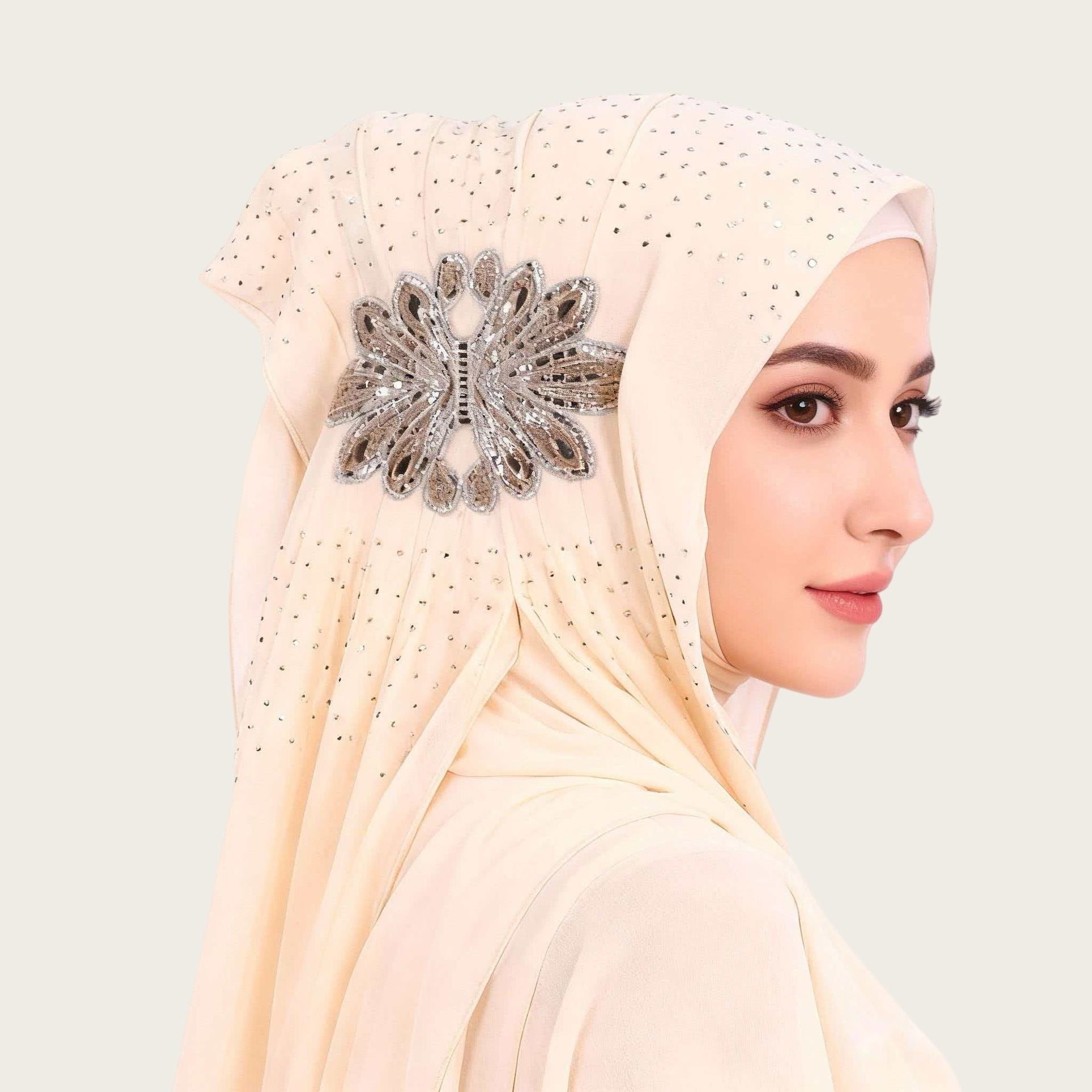 White Chiffon Pearl Floral Hijab Scarf for Women Wedding Shawl