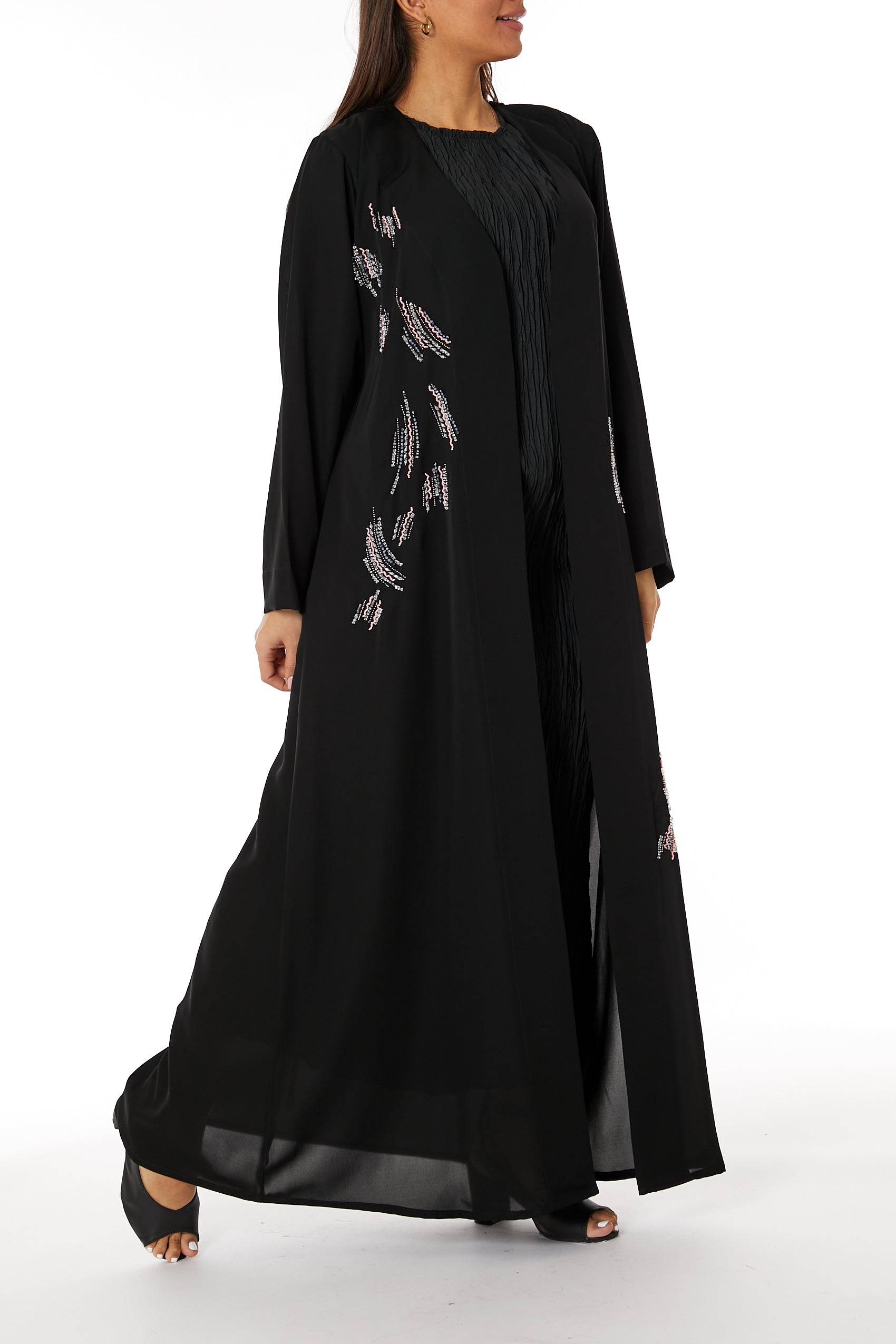 MOiSTREET Black Nida Embroidered Open Abaya