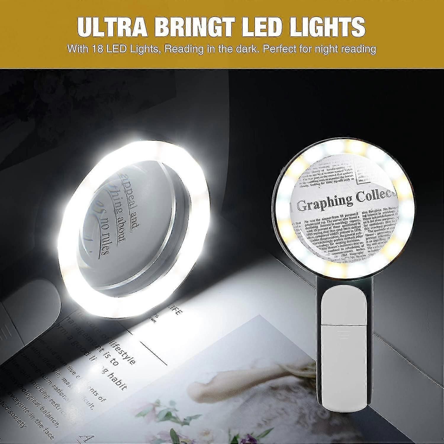 30X Illuminated Magnifying Glass with 18 LED Dual Light Modes - Cold/Warm Light Hands-Free Magnifier for Reading, Crafts & Hobbies