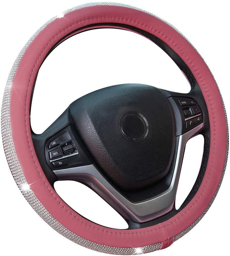 PU Leather Steering Wheel Cover Protector with Bling Crystal Rhinestones for 15 Inch