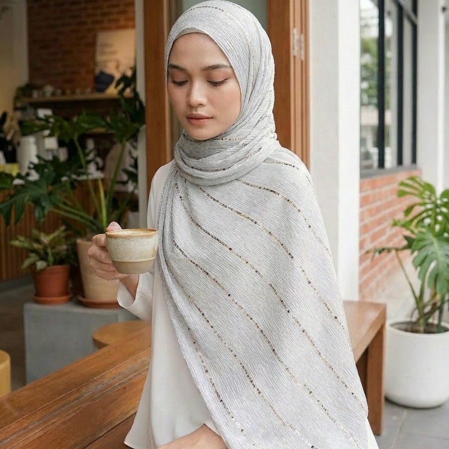 Blush Pink Metallic Striped Hijab Scarf, Lightweight Shimmer Head Wrap for Muslim Women