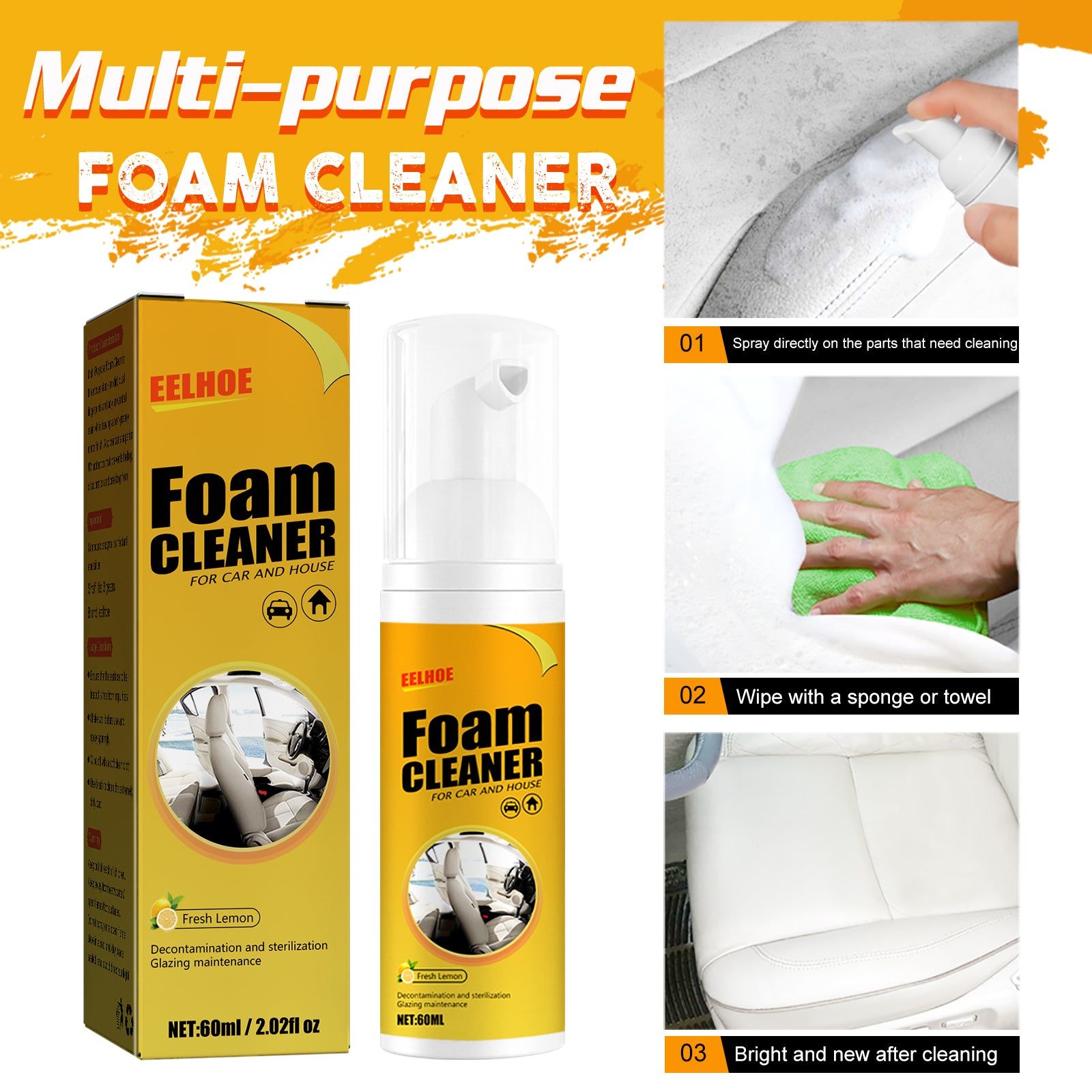 Car Seat Cleaning Foam, Multi-Functional Interior Cleaner for Leather & Dashboard ,30ml