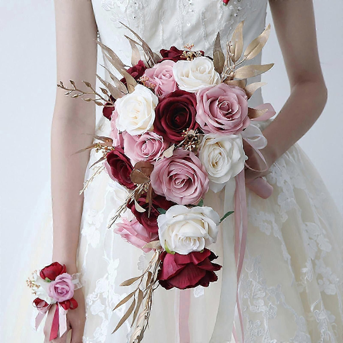 European Bridal Bouquet With Artificial Silk Flowers and Ribbon
