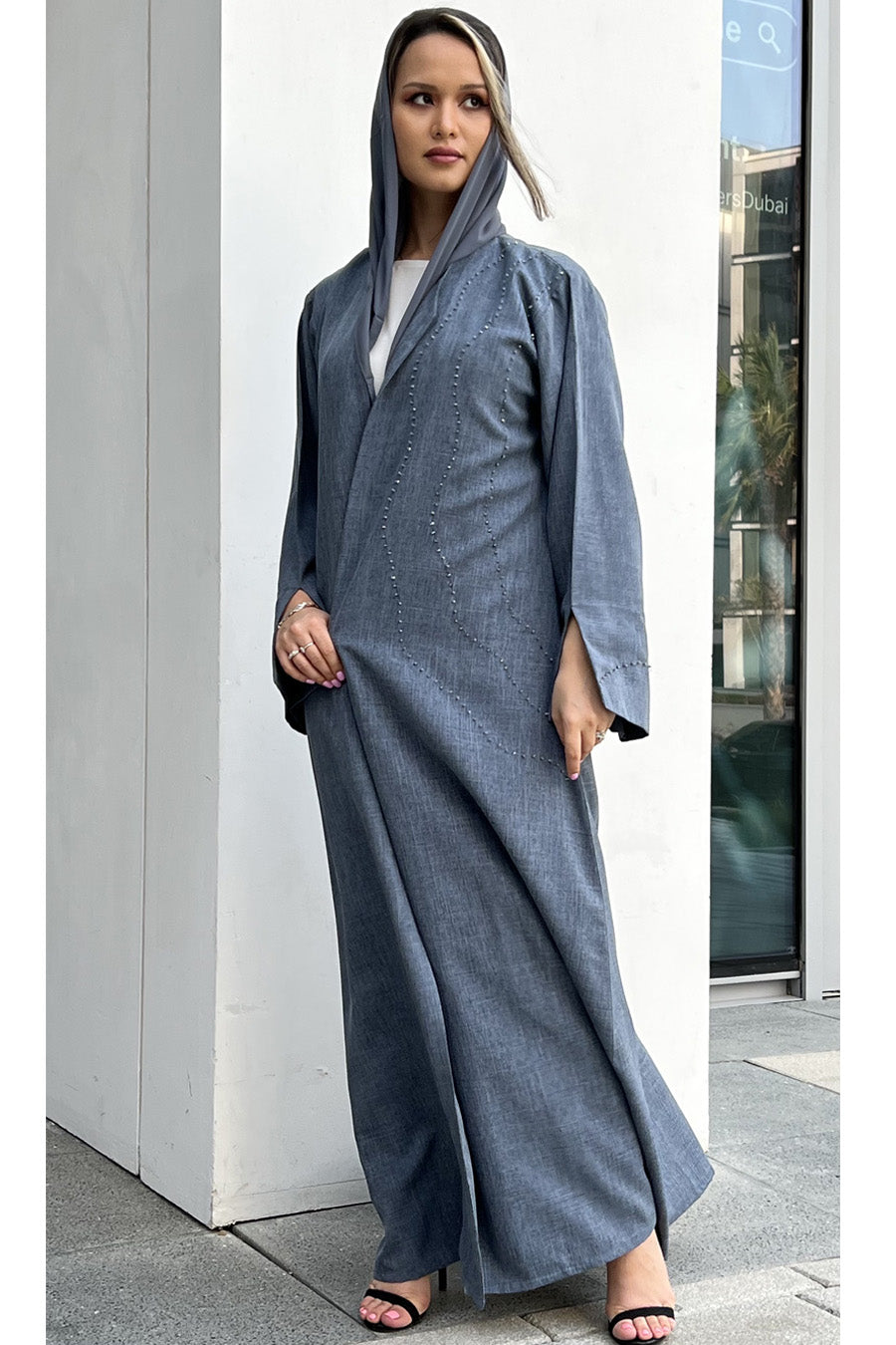 MOiSTREET Light Slate Grey Mélange Embroidery Abaya
