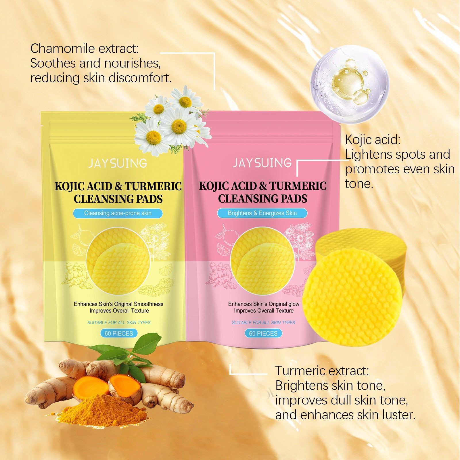 Brightening Facial Cleansing Cotton Pads with Kojic Acid, Turmeric, Vitamin C, Gentle Skin Brightening and Moisturizing ,60Pcs