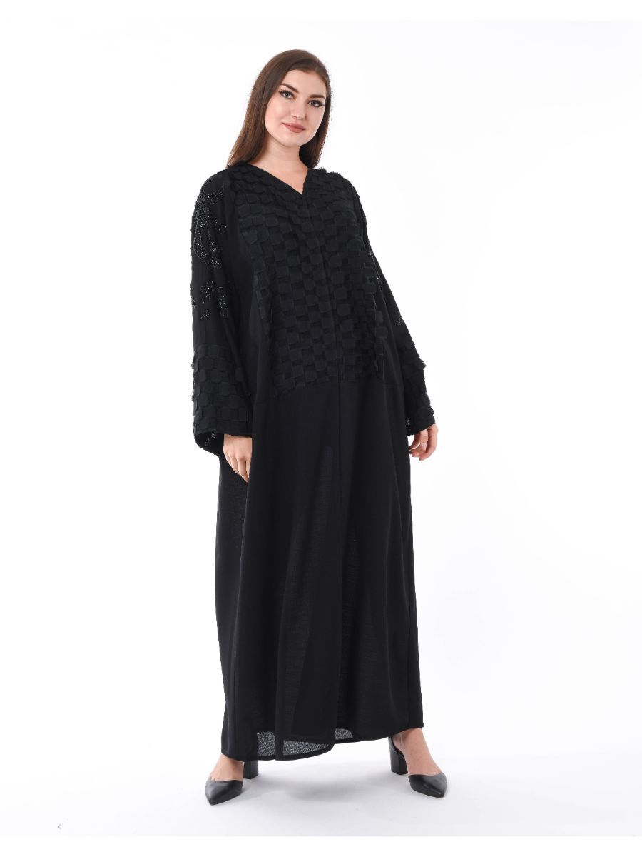 MOiSTREET Black Abaya with Checkered Panels and Hand Embroidery