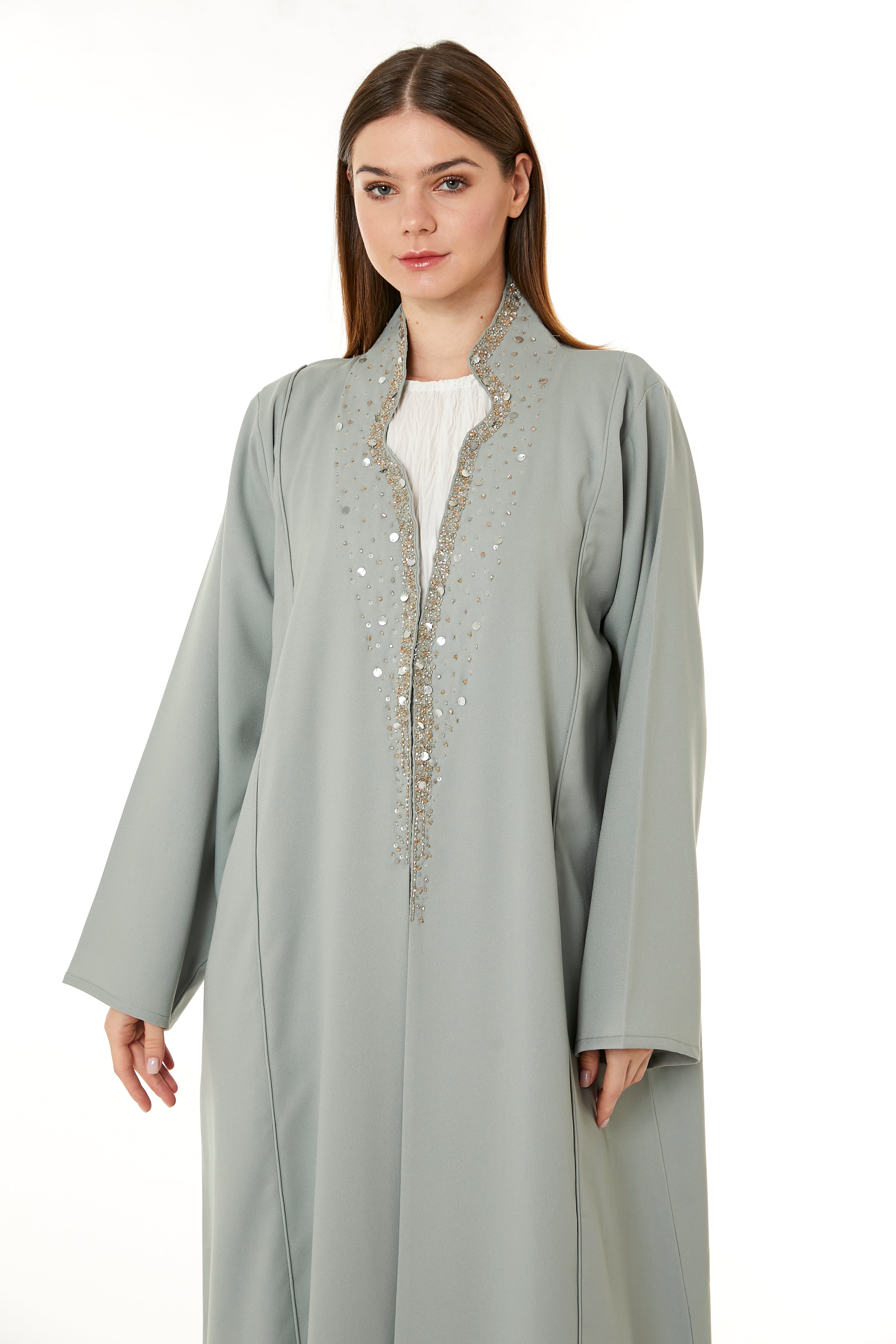 MOiSTREET Grey Indonesian Crepe Hand Embellished Abaya