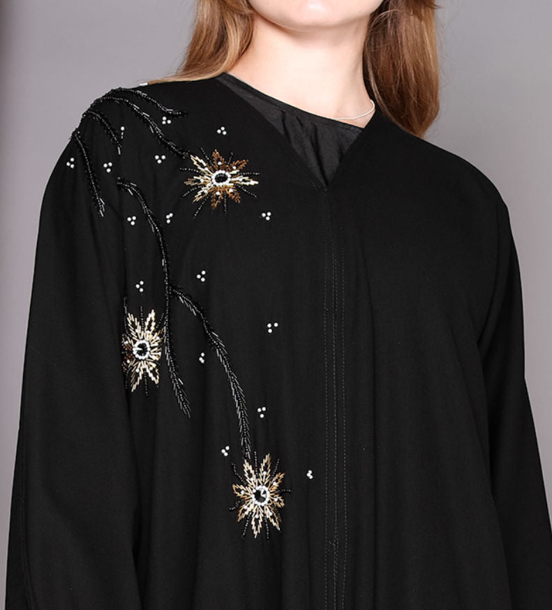 MOiSTREET Golden Embroidery with Contrast Cuffs Abaya
