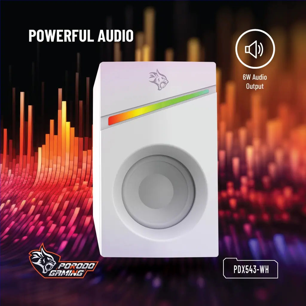 Porodo Gaming Stereo Speakers with Volume Knob, 6W, RGB Lighting, AUX Input, White