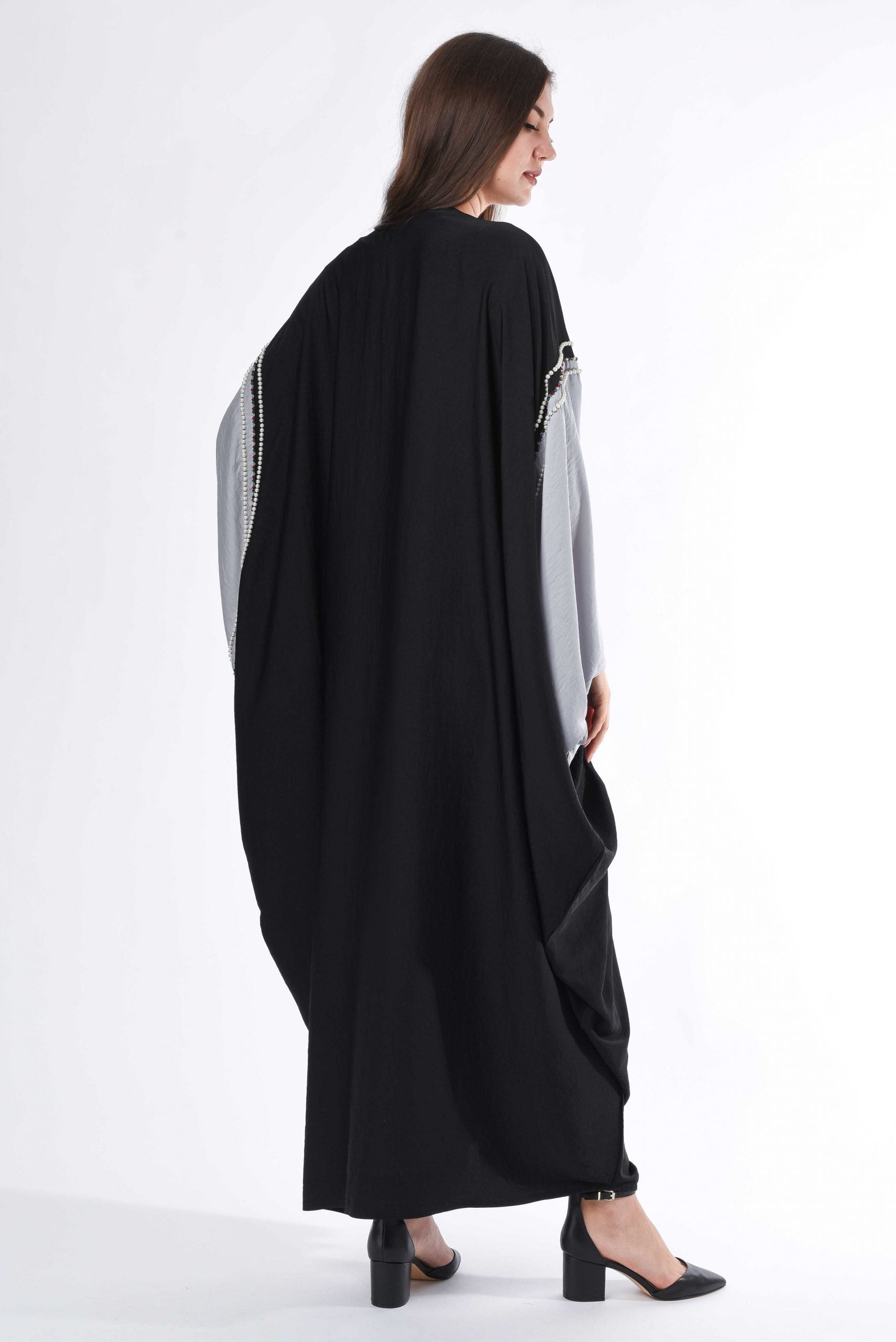 MOiSTREET Black Grey Cape Abaya with Hand Bead work