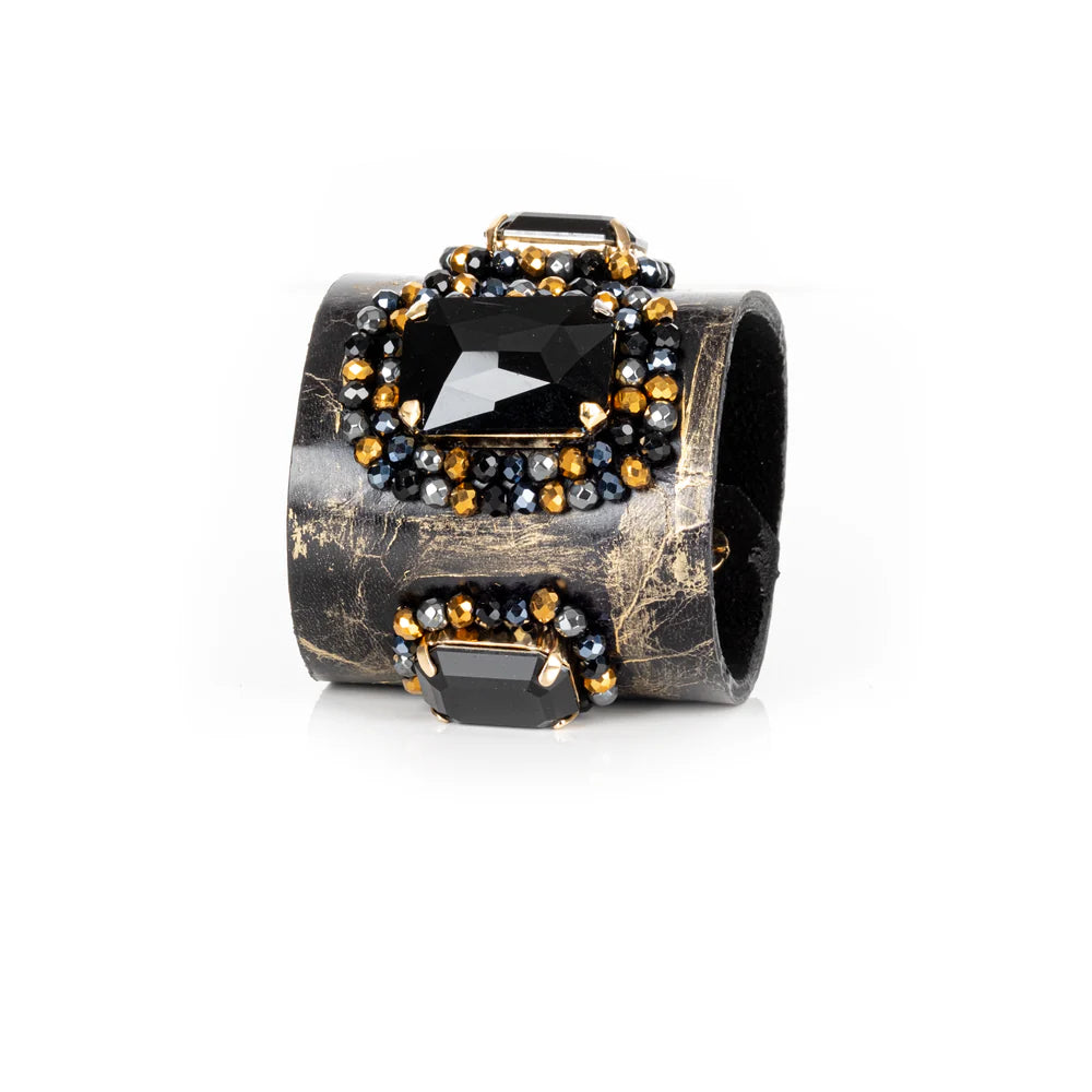 The Dark Black Crystal Embellished Leather Statement Cuff Bracelet