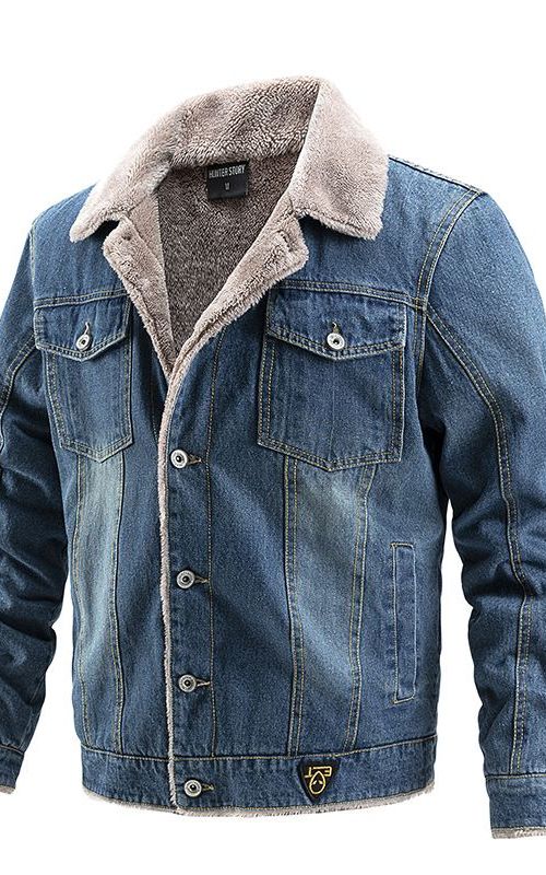 Winter Warm Denim Jacket Fleece Lined Jean Coat Fur lapel Collar Trucker Jacket For Men