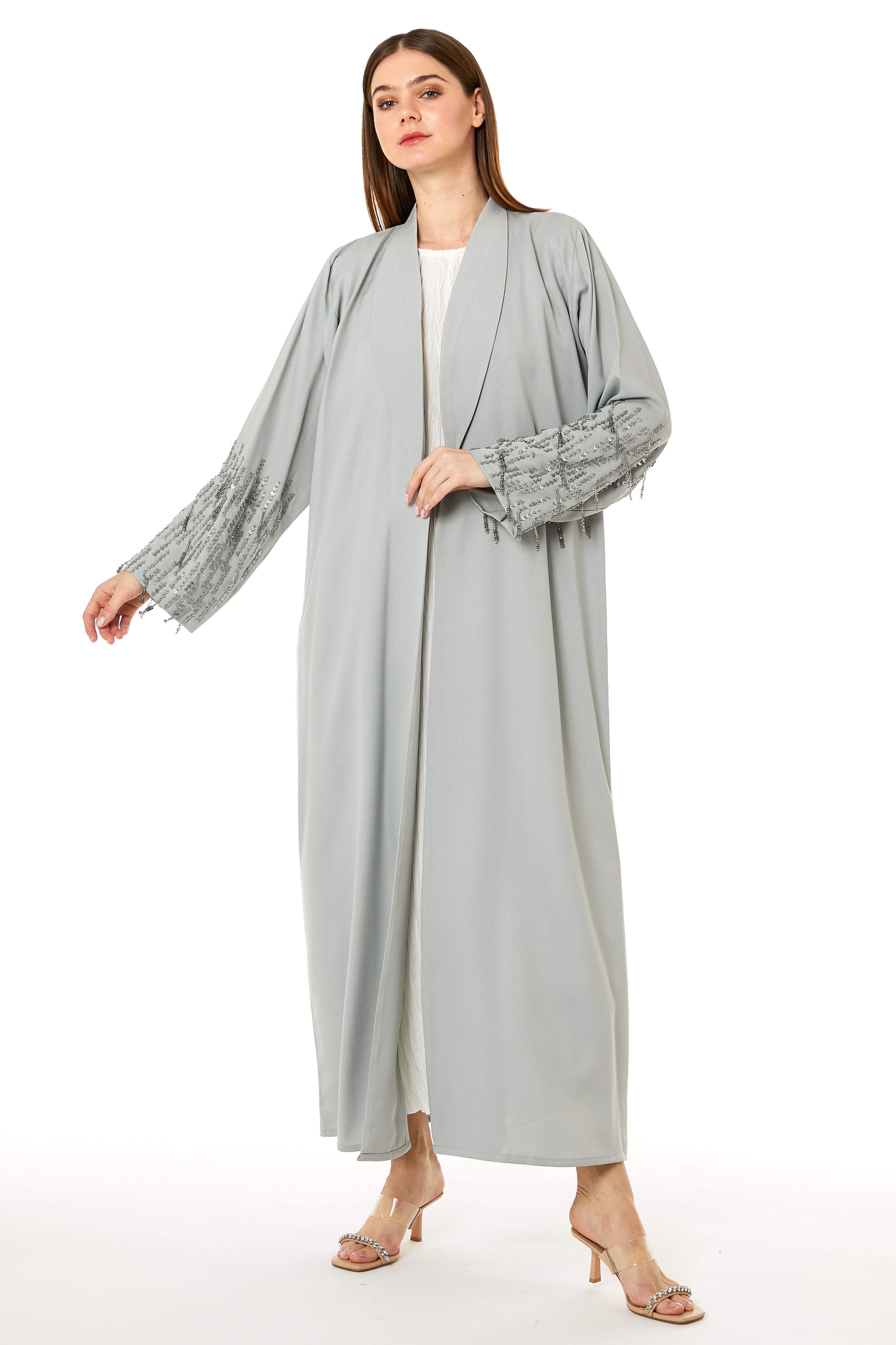 MOiSTREET Grey Korean Nida Hand Embellished Abaya
