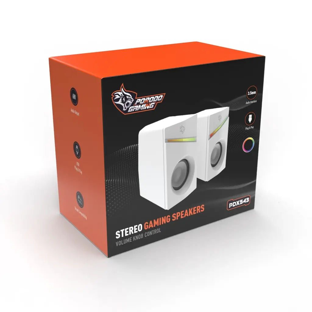 Porodo Gaming Stereo Speakers with Volume Knob, 6W, RGB Lighting, AUX Input, White