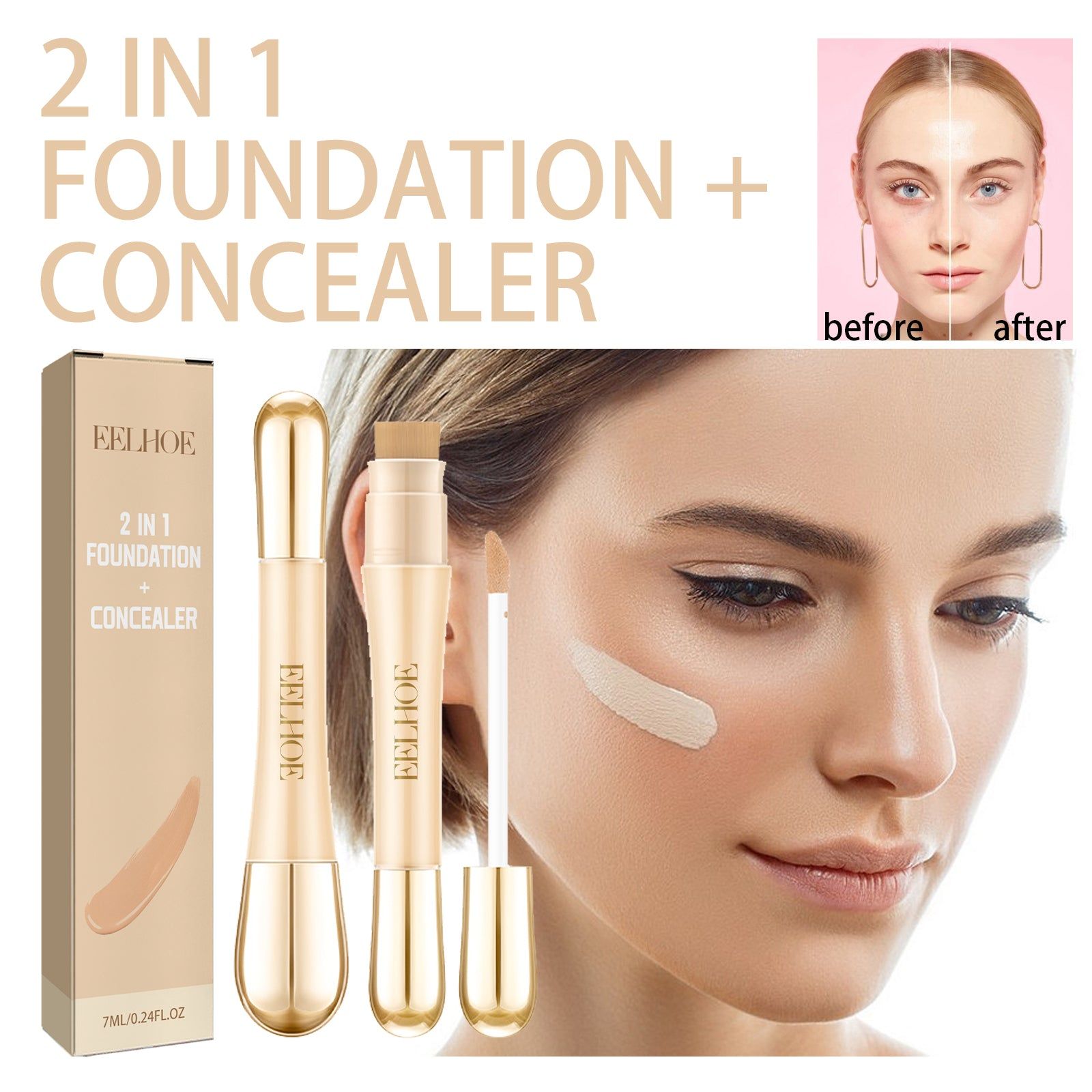 2-in-1 Concealer Foundation, Brightening, Moisturizing, Acne Cover, Flawless Skin ,7ml