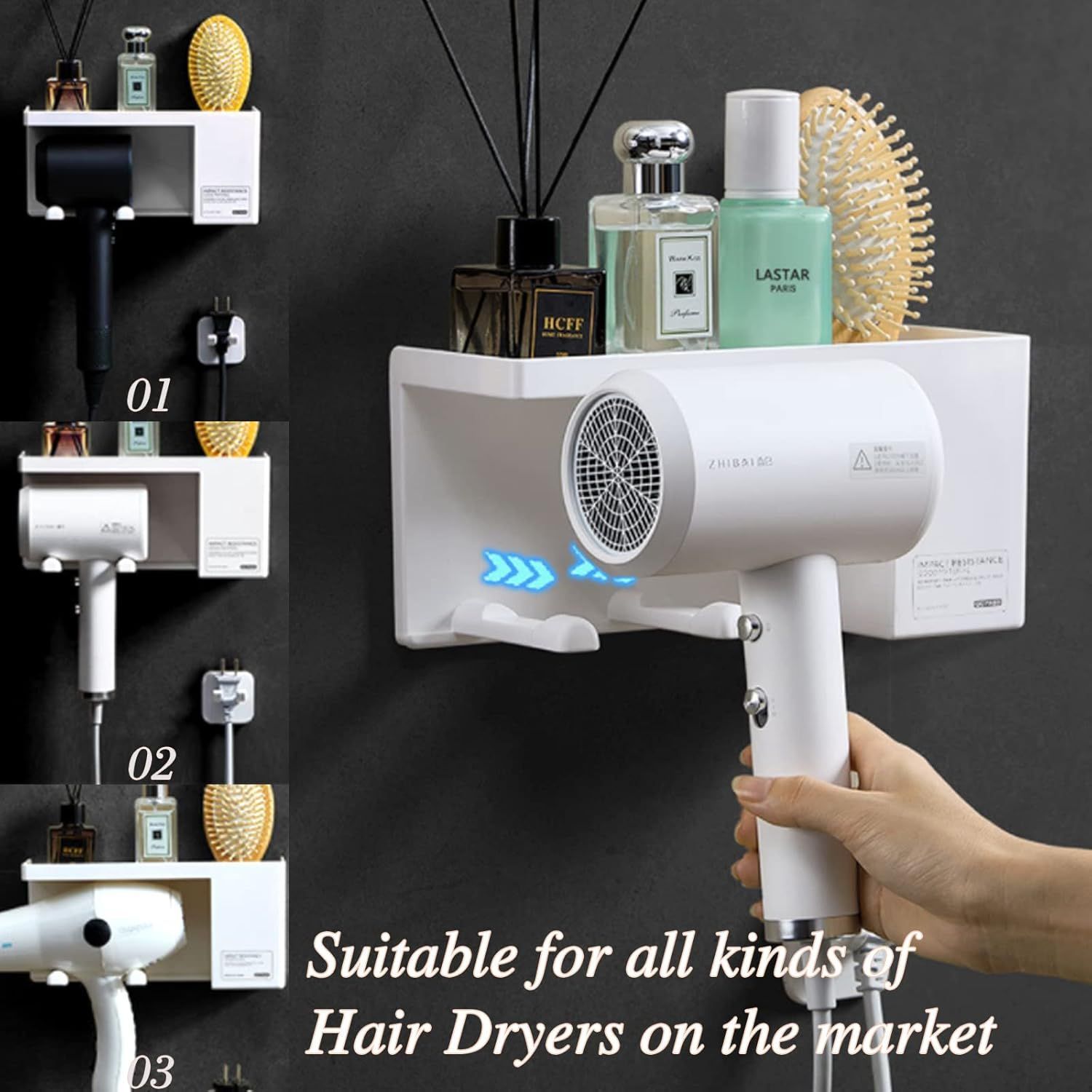 Universal Hair Dryer Wall Mount Holder Punch Free Bathroom Rack