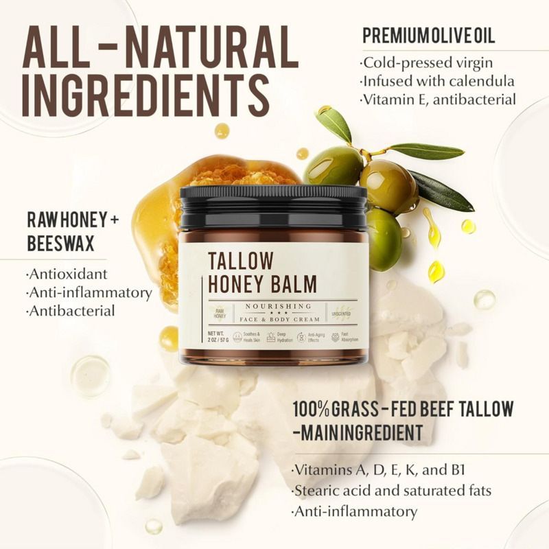 Beef Tallow for Skin Care Moisturizer Grass-Fed Beef Tallow and Raw Honey Balm  Unscented Natural Tallow Face  Moisturizer
