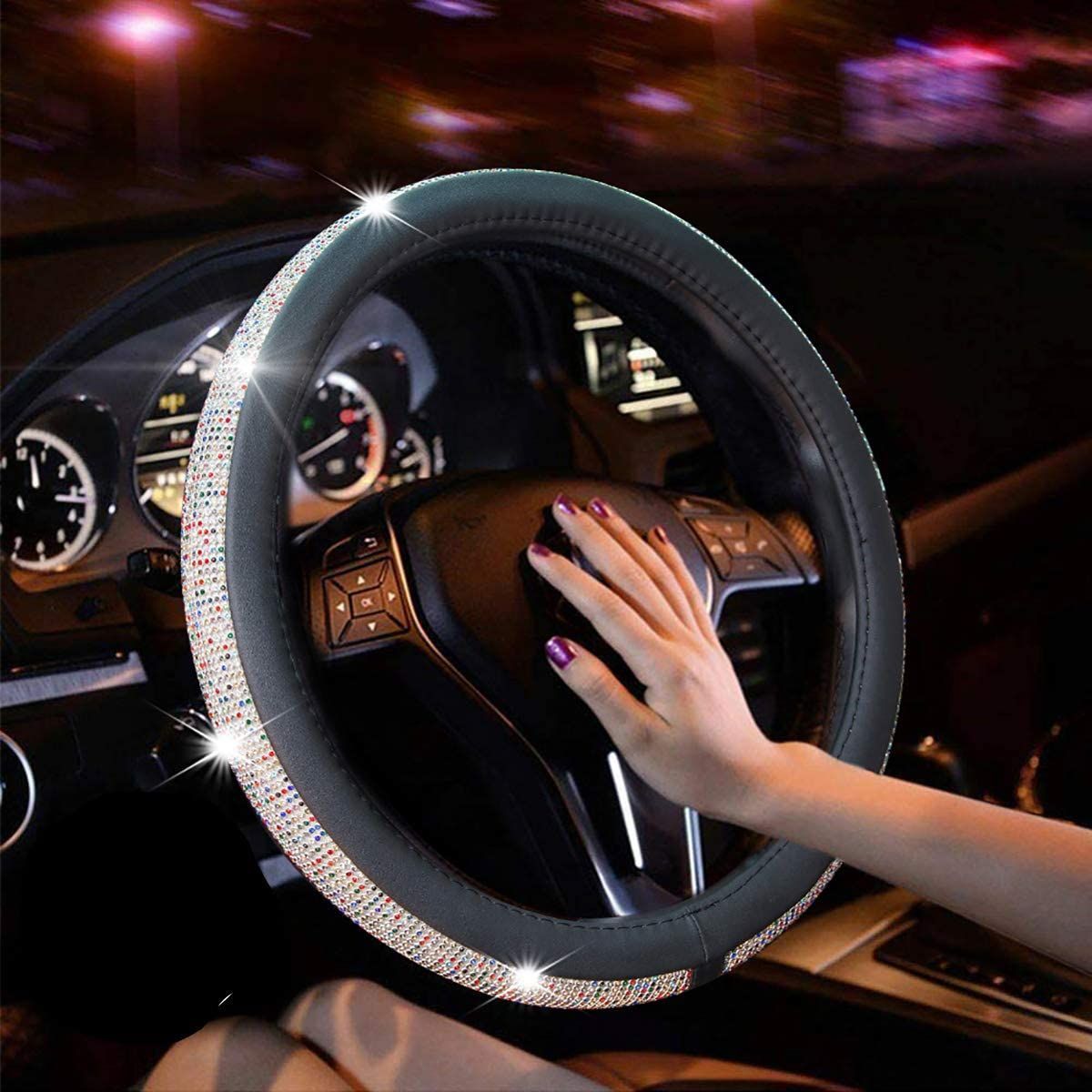 PU Leather Steering Wheel Cover Protector with Bling Crystal Rhinestones for 15 Inch