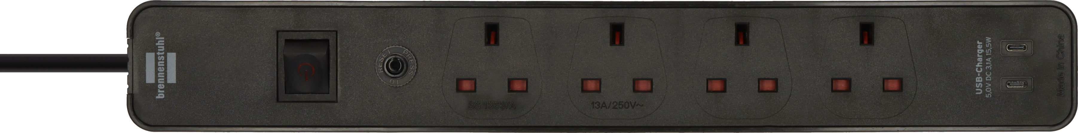 Brennenstuhl 1153243106 Ecolor 4Way 3M كابل تمديد ، 2 منافذ USB C ، مصهر أمان ، أسود