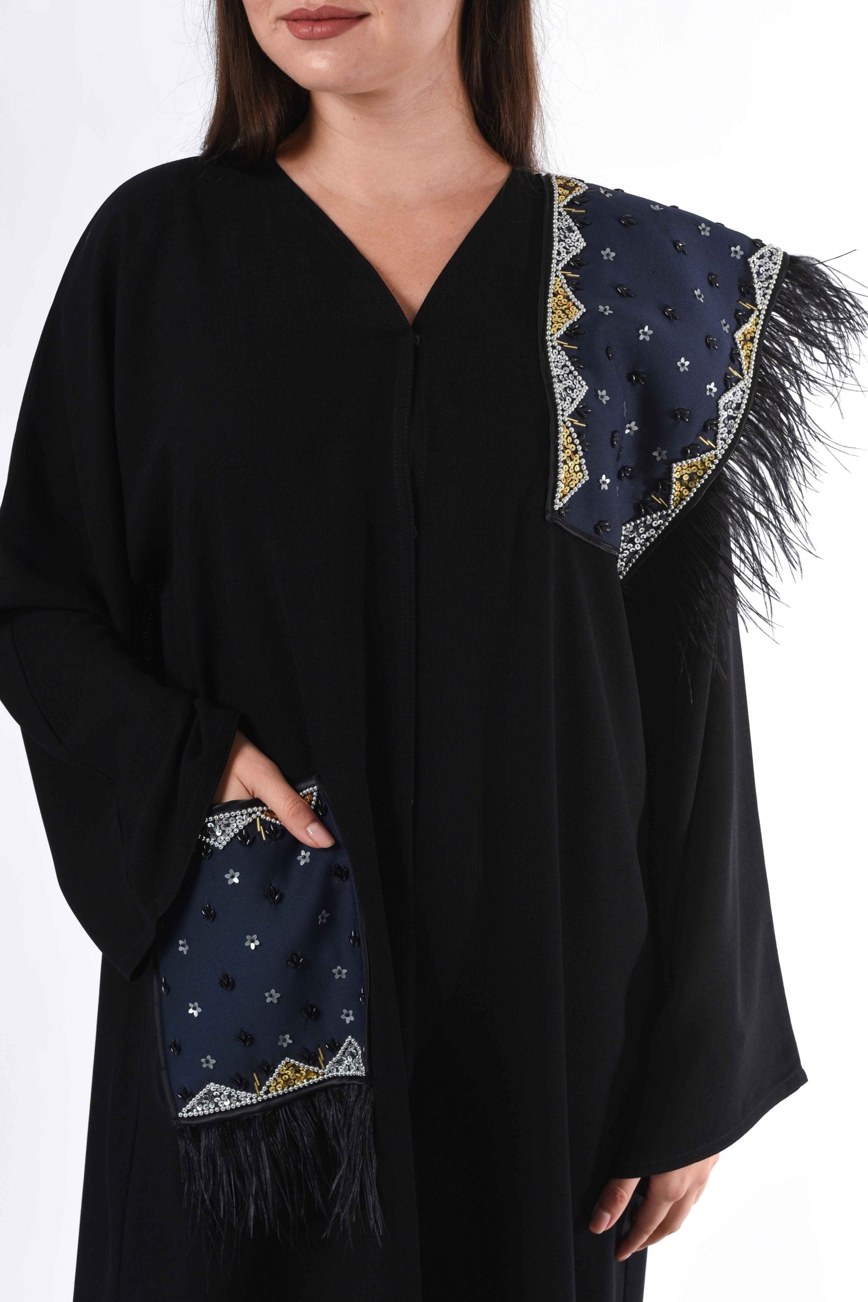 MOiSTREET Black Abaya with Patchwork and Feather Detail