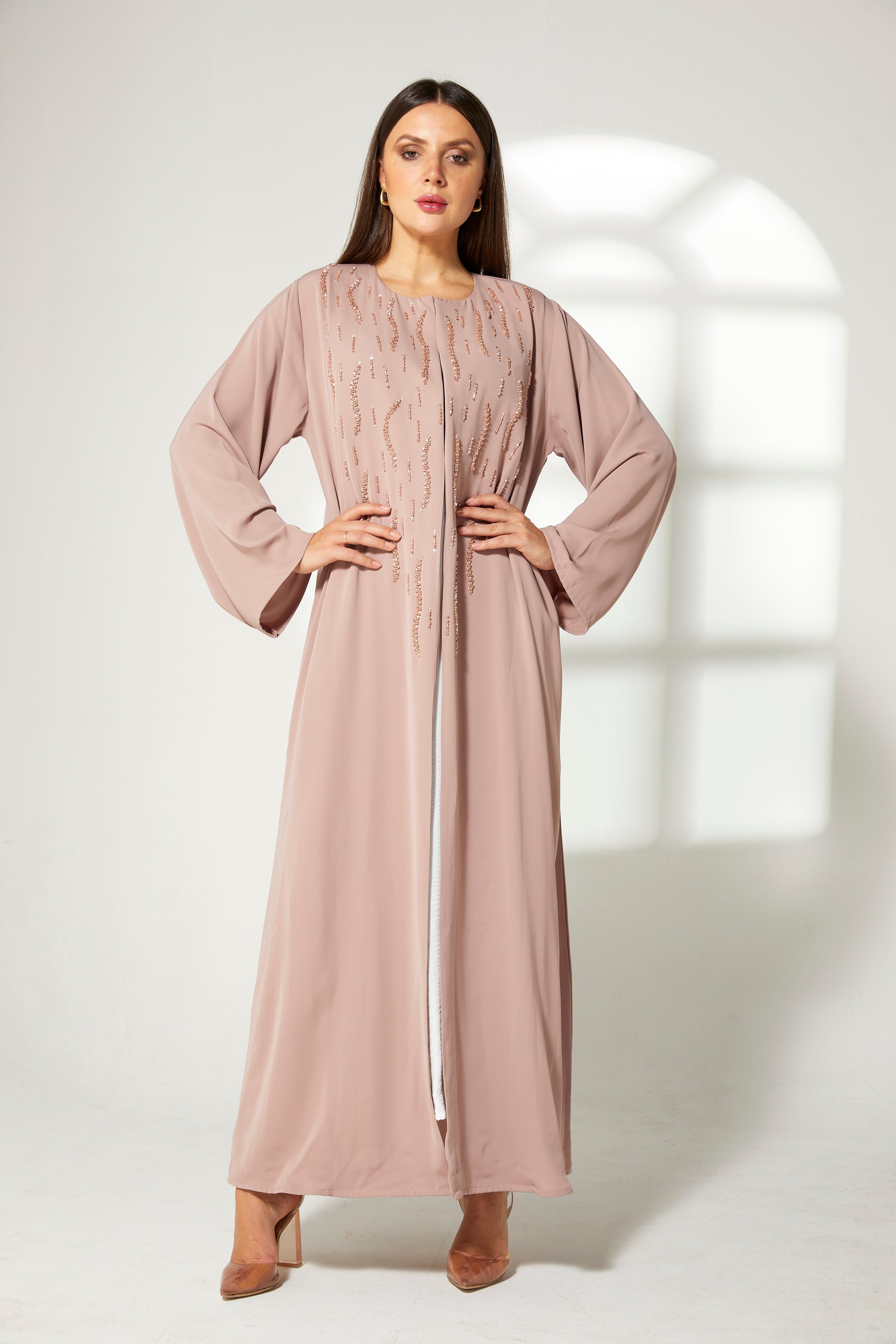 MOiSTREET Tan Korean Nida Front Embroidered Abaya