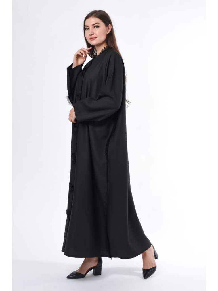 MOiSTREET Black Abaya with Button Highlight and Fringe Detail
