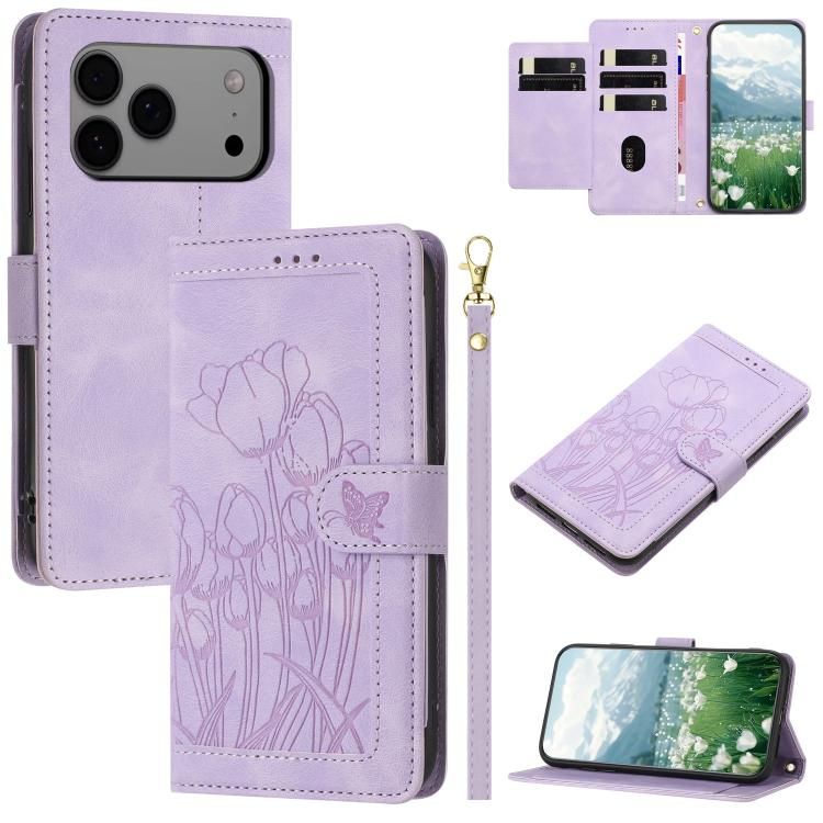 For iPhone 18 Pro Max / iPhone 17 Pro Max Tulips Embossed Leather Phone Case with Lanyard
