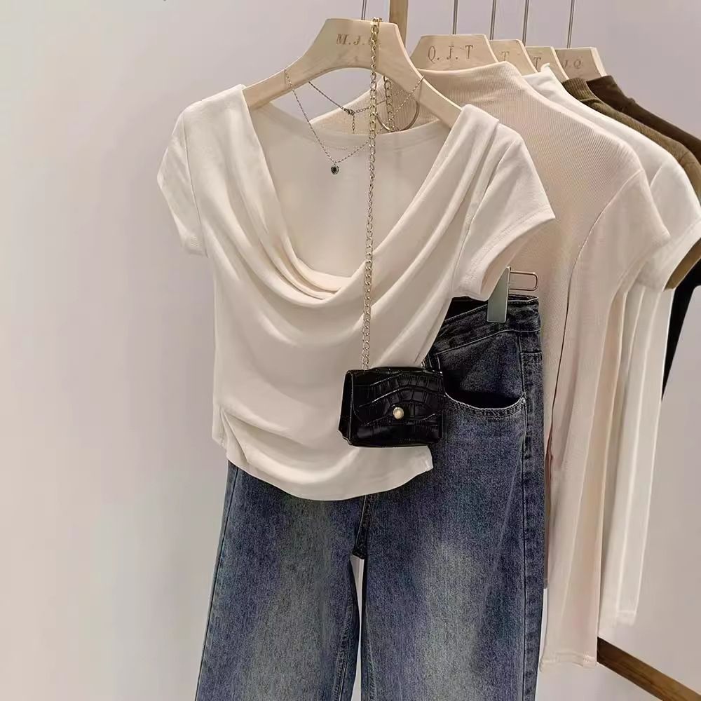 Wave Green Collar Slim Fit Modal Short Sleeve T Shirt For Women