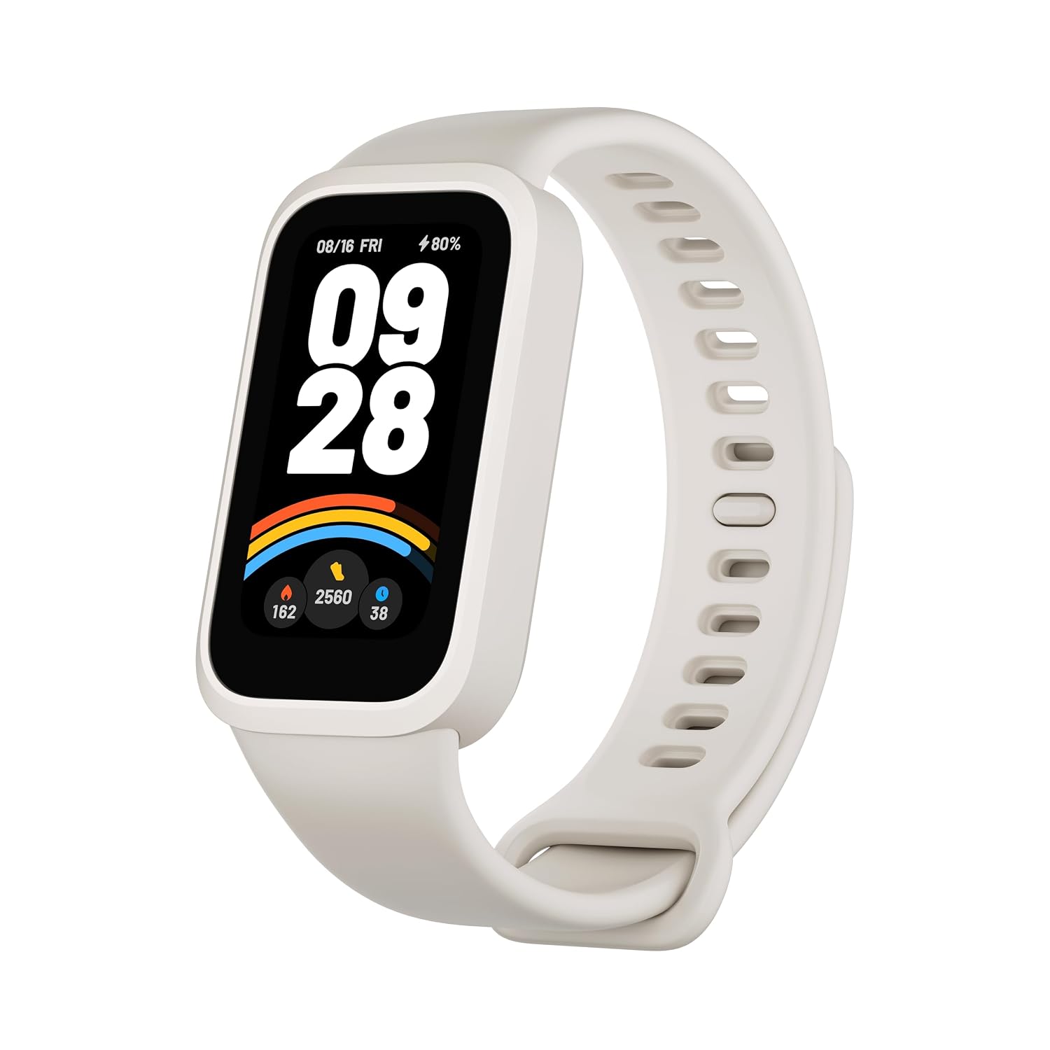 سوار اللياقة البدنية الذكي Xiaomi Smart Band 9 Active، باللون البيج والأبيض، بشاشة مقاس 1.47 بوصة، و50 وضعًا رياضيًا، وعمر بطارية يصل إلى 18 يومًا
