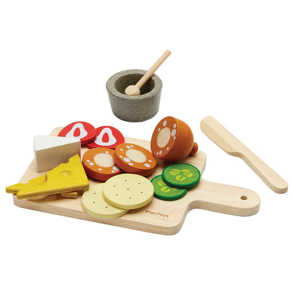 PlanToys Cheese & Charcuterie Board — Wooden Pretend Play Food Set