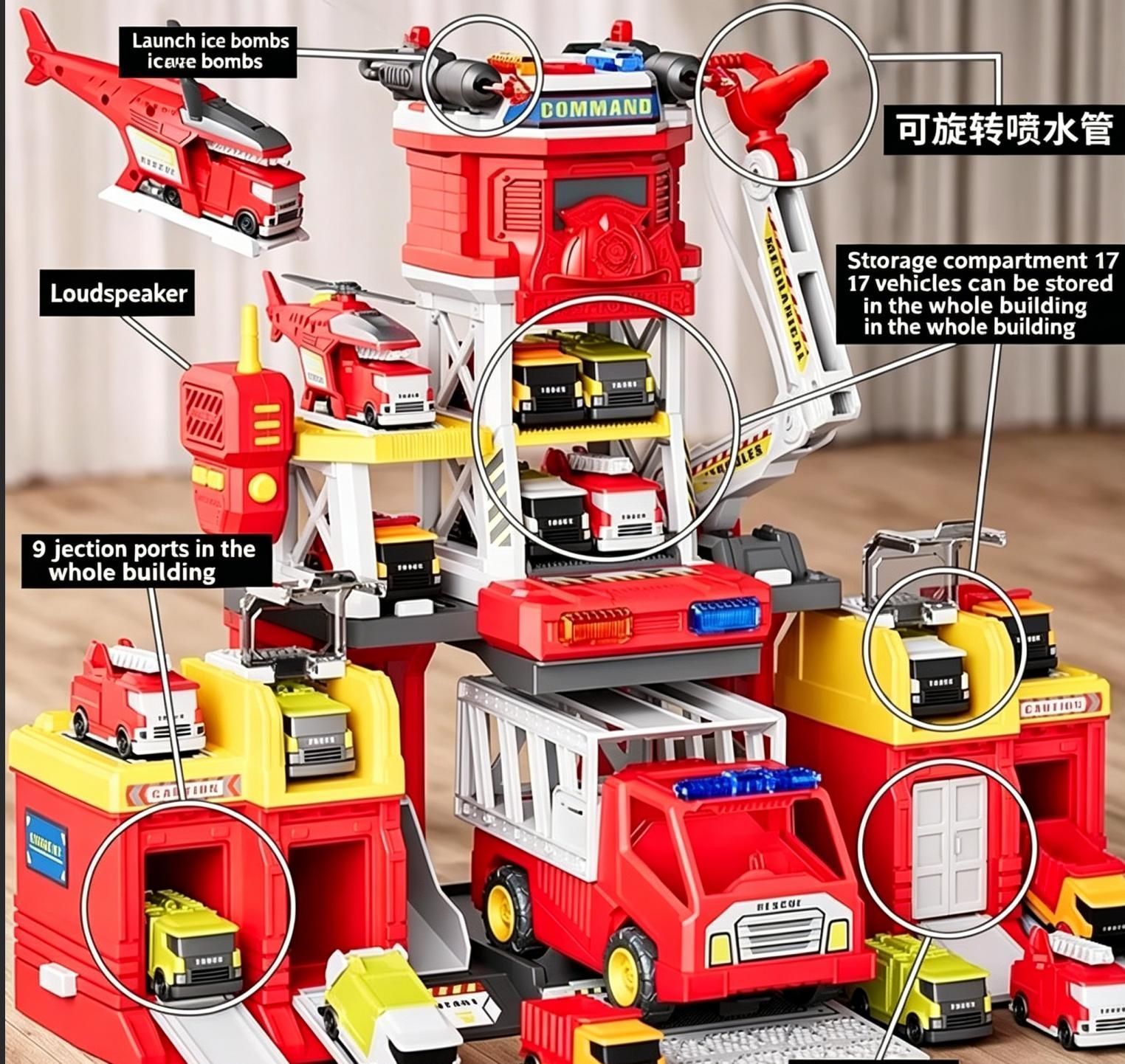 Multi-Function Fire Station Playset with Launch Mode, Rescue Vehicles & Helicopter - Interactive Toy for Kids Ages 3+