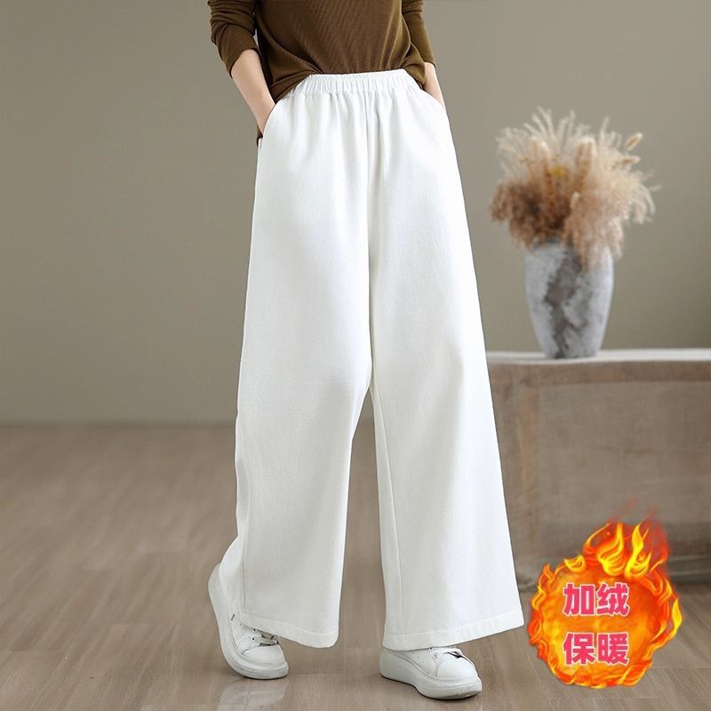 Cotton Linen Wool Wide Leg Loose Fit Warm Pants For Women